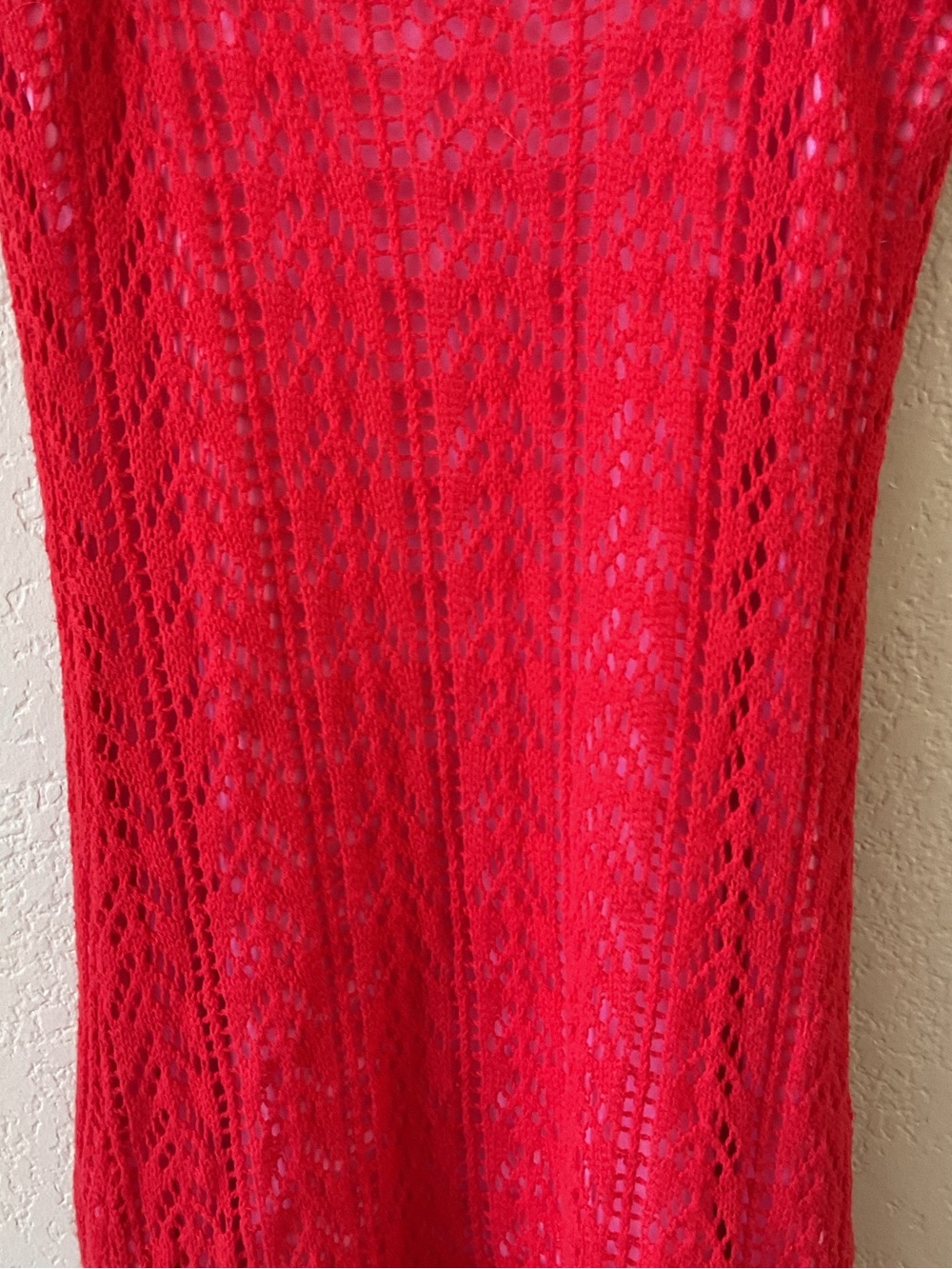 Red Crochet Knit Mini Dress XS S Pink Contrast Lining Strappy Summer Festival - Picture 5 of 6